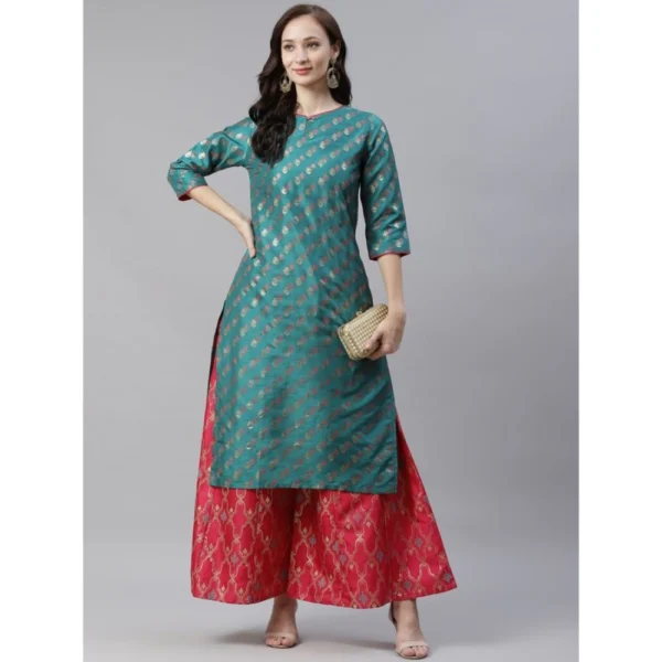 Women's Casual 3-4Th Sleeve Ethnic Motifs Poly Silk Kurti And Palazzo Set (Green)