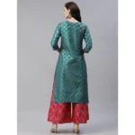 Women's Casual 3-4Th Sleeve Ethnic Motifs Poly Silk Kurti And Palazzo Set (Green)