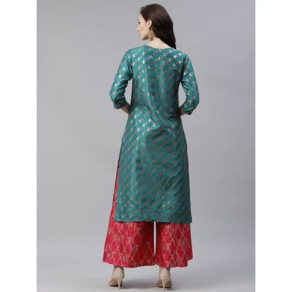 Women's Casual 3-4Th Sleeve Ethnic Motifs Poly Silk Kurti And Palazzo Set (Green)