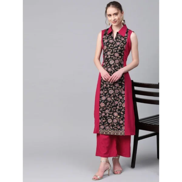 Women's Casual Sleeveless Floral Printed Crepe Kurti and Palazzo Set (Pink)