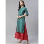 Women's Casual 3-4Th Sleeve Ethnic Motifs Poly Silk Kurti And Palazzo Set (Green)