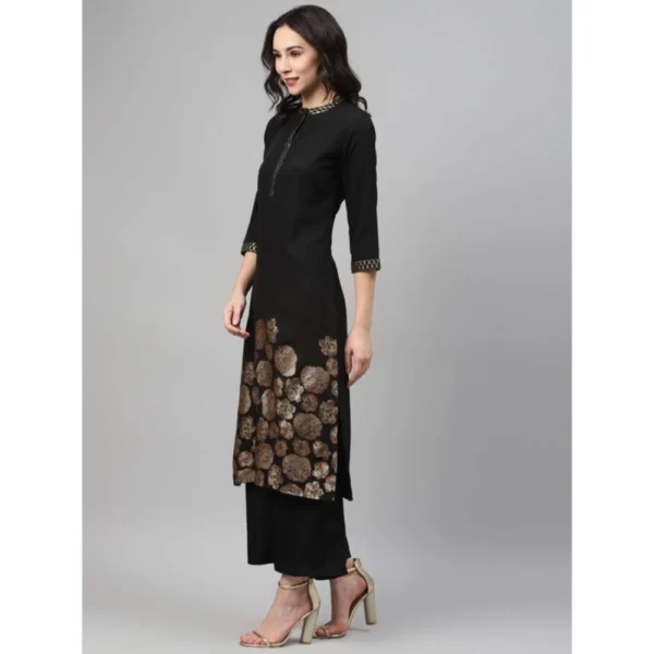 Women's Casual 3-4Th Sleeve Ethnic Motifs Crepe Kurti And Palazzo Set (Black)