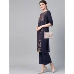 Women's Casual 3-4Th Sleeve Floral Printed Crepe Kurti And Palazzo Set (Navy Blue)