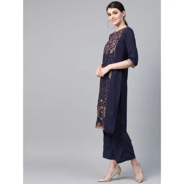 Women's Casual 3-4Th Sleeve Floral Printed Crepe Kurti And Palazzo Set (Navy Blue)