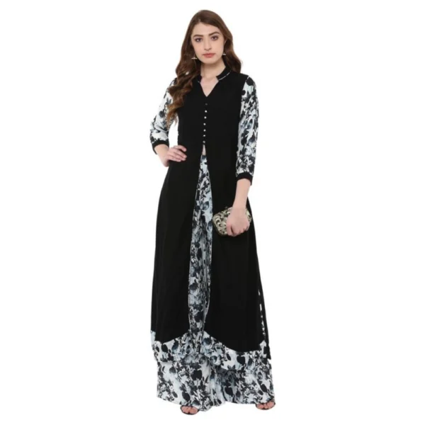 Women's Casual 3-4Th Sleeve Floral Printed Rayon Kurti and Palazzo Set (Black)