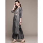 Women's Casual 3-4Th Sleeve Ethnic Motifs Poly Silk Kurti And Palazzo Set (Dark Grey)