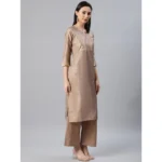 Women's Casual 3-4Th Sleeve Ethnic Motifs Poly Silk Kurti And Palazzo Set (Brown)