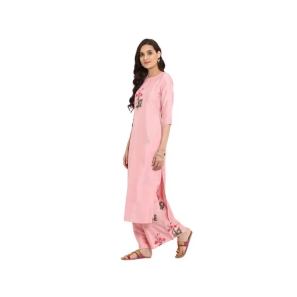 Women's Casual 3-4Th Sleeve Floral Printed Poly Silk Kurti and Palazzo Set (Pink)