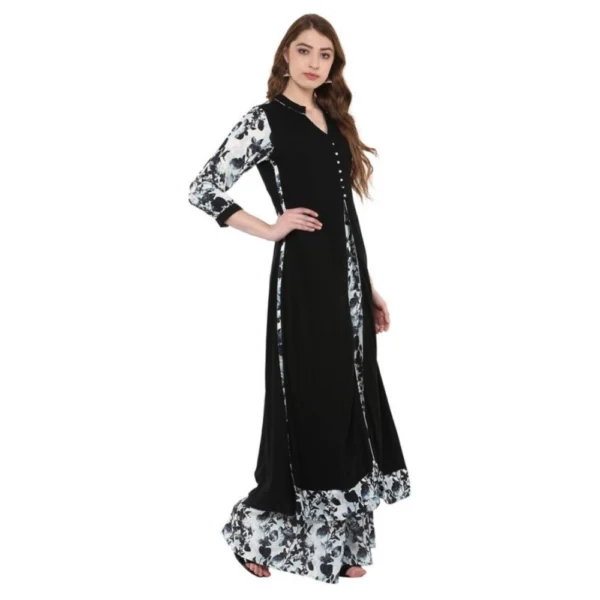 Women's Casual 3-4Th Sleeve Floral Printed Rayon Kurti and Palazzo Set (Black)