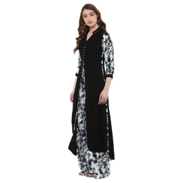 Women's Casual 3-4Th Sleeve Floral Printed Rayon Kurti and Palazzo Set (Black)