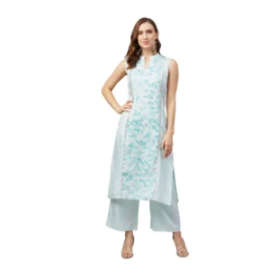 Women's Casual Sleeveless Abstract Poly Silk Kurti And Palazzo Set (Off White)