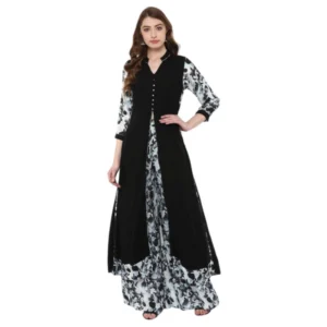 Women's Casual 3-4Th Sleeve Floral Printed Rayon Kurti and Palazzo Set (Black)