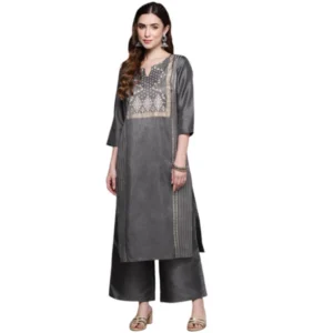 Women's Casual 3-4Th Sleeve Ethnic Motifs Poly Silk Kurti And Palazzo Set (Dark Grey)