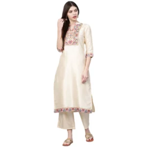 Women's Casual 3-4Th Sleeve Ethnic Motifs Poly Silk Kurti and Palazzo Set (Cream)