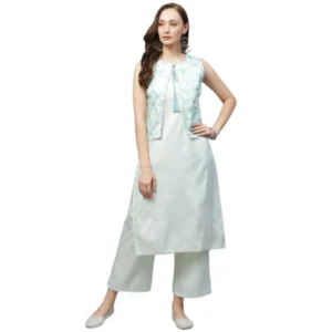 Women's Casual Sleeveless Abstract Poly Silk Kurti and Palazzo Set (Mint Green)