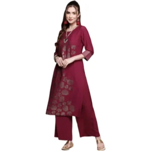 Women's Casual 3-4Th Sleeve Floral Printed Crepe Kurti And Palazzo Set (Dark Pink)