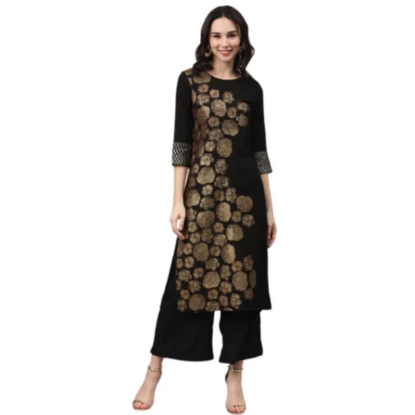 Women's Casual 3-4Th Sleeve Floral Printed Crepe Kurti And Palazzo Set (Black)