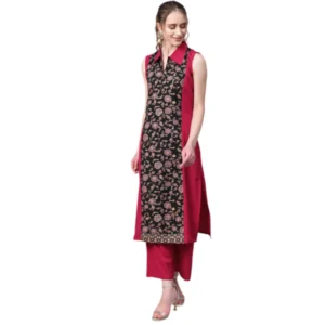 Women's Casual Sleeveless Floral Printed Crepe Kurti and Palazzo Set (Pink)