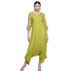 Women's Casual 3-4Th Sleeve Peacock Mehandi Rayon Jumpsuit (Mehandi Green)