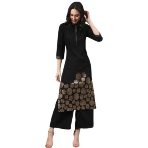 Women's Casual 3-4Th Sleeve Ethnic Motifs Crepe Kurti And Palazzo Set (Black)