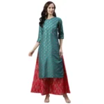 Women's Casual 3-4Th Sleeve Ethnic Motifs Poly Silk Kurti And Palazzo Set (Green)