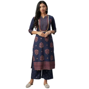 Women's Casual 3-4Th Sleeve Floral Printed Crepe Kurti And Palazzo Set (Blue)