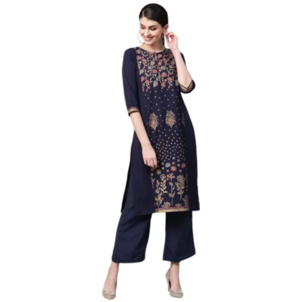 Women's Casual 3-4Th Sleeve Floral Printed Crepe Kurti And Palazzo Set (Navy Blue)