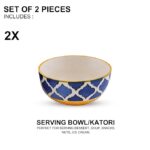 Freakway Hand-Painted Moroccan Blue & Yellow Glossy Ceramic Bowl Set of 2 (180ml) | Small Serving Soup Bowls, Cereal Bowl, Pasta Bowls | Dishwasher & Microwave Safe - Multicolor