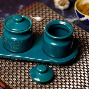 Freakway Unique Fashioned Ceramic Pickle Jars Set For Dining Table Top & Kitchen Spice & Chutney Container Set Achar Storage (210 ML, Glossy Green)