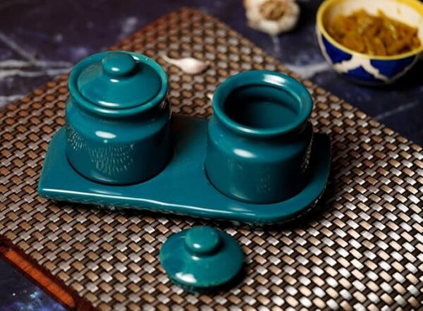 Freakway Unique Fashioned Ceramic Pickle Jars Set For Dining Table Top & Kitchen Spice & Chutney Container Set Achar Storage (210 ML, Glossy Green)