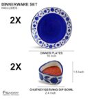 Freakway Hand-Painted Floral Dinner Ceramic Sets of 4 Pieces Including (10 Inch) - 2 Dinner Plates with Chutney/Serving Dip/Bowl Set | Dishwasher & Microwave Safe - Royal Blue