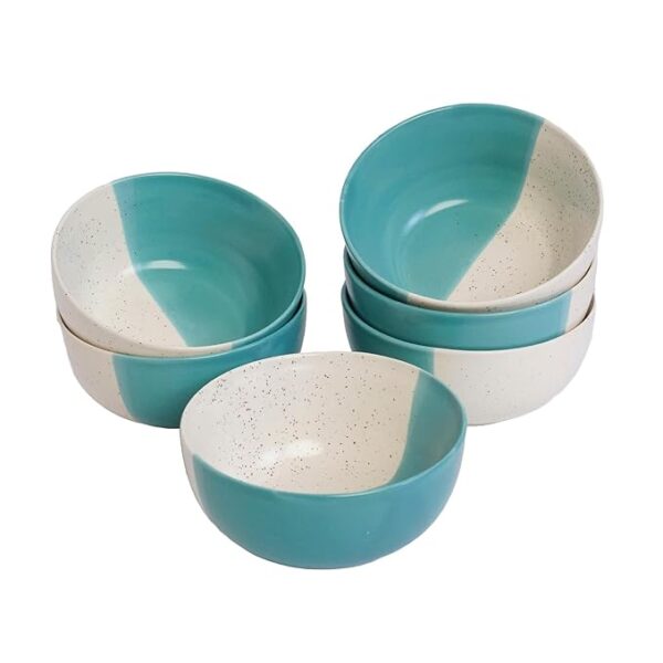 Freakway Hand-Painted Seagreen Ceramic Bowl Set of 6 (200ml) | Small Serving Soup Bowls, Cereal Bowl, Pasta Bowls | Dishwasher & Microwave Safe