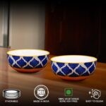 Freakway Hand-Painted Moroccan Blue & Yellow Glossy Ceramic Bowl Set of 2 (180ml) | Small Serving Soup Bowls, Cereal Bowl, Pasta Bowls | Dishwasher & Microwave Safe - Multicolor