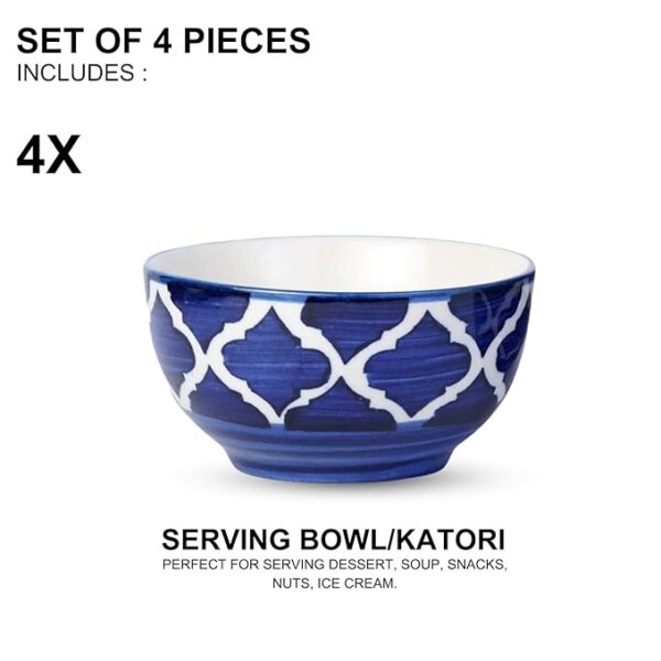 Freakway Hand-Painted Umrao Glossy Ceramic Bowl Set of 4 (150ml) | Small Serving Soup Bowls, Cereal Bowl, Pasta Bowls | Dishwasher & Microwave Safe - Blue