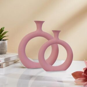 Freakway Round Modern Ceramic Vases for Home Decor Vase Set of 2 Pieces | Matte Finish | Flower Vase for Living Room | Ceramic Small Size Vases for Office Bedroom Decoration - 8 & 6 Inch Pink