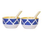 Freakway Handpainted Royal Soupy Umrao Pattern Ceramic Modern Soup Set Bowl with Spoon - (Set of 2, 350 ML, Dishwasher & Microwave Safe)