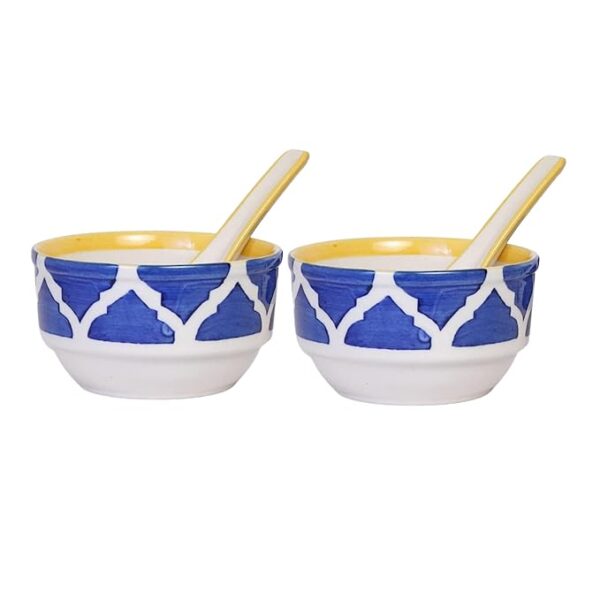 Freakway Handpainted Royal Soupy Umrao Pattern Ceramic Modern Soup Set Bowl with Spoon - (Set of 2, 350 ML, Dishwasher & Microwave Safe)