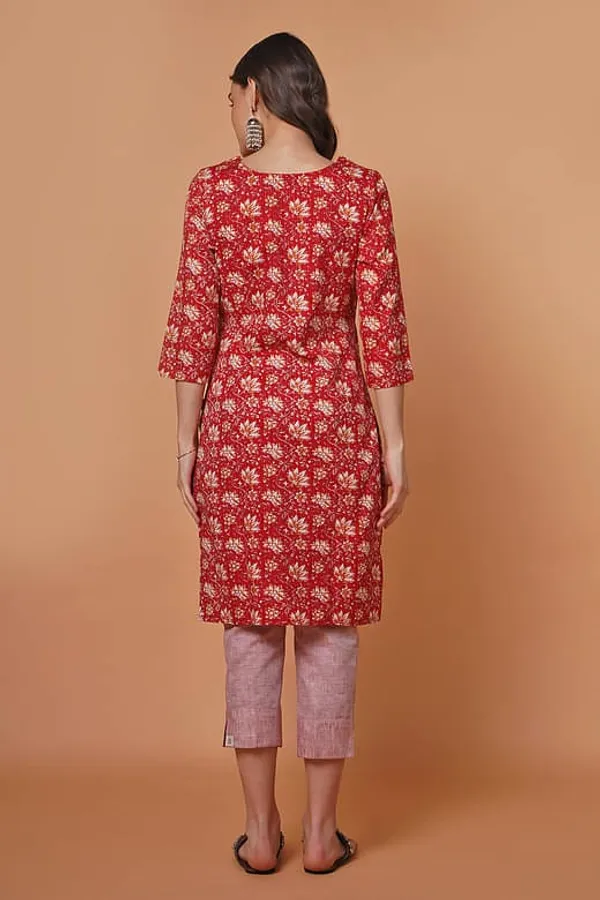 Red Short Floral Print Kurta