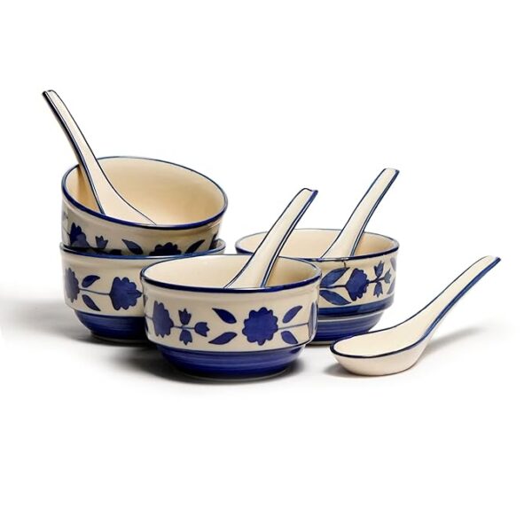 Freakway Handpainted Royal Blue Floral and Leaf-Stripe Pattern Ceramic Soup Bowls with Matching Spoons - (Set of 4, 350 ML, Dishwasher & Microwave Safe)