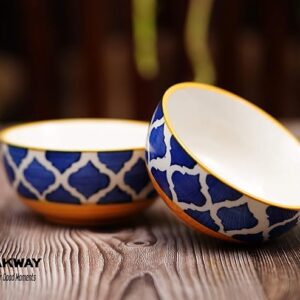 Freakway Hand-Painted Moroccan Blue & Yellow Glossy Ceramic Bowl Set of 2 (180ml) | Small Serving Soup Bowls, Cereal Bowl, Pasta Bowls | Dishwasher & Microwave Safe - Multicolor