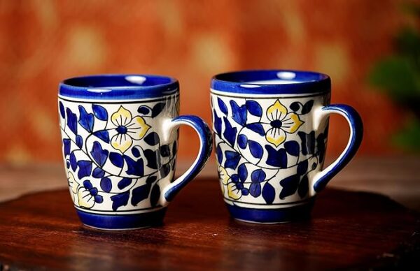 Freakway Floral Art Handcarfted Ceramic Tea Cups/Ceramic Coffee Mugs Set of 2 (250 ML, Microwave & Dishwasher Safe) - Tea Mugs Ceramic Mugs Milk Mug Coffee Cup Drinkware_Blue & White