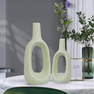 Freakway Round Modern Contemporary Ceramic Vases for Home Decor Vase Set of 2 Pieces | Matte Finish | Flower Vase for Living Room | Small Size Vases for Office Decoration - 8 & 6 Inch Light Green