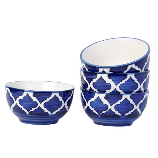 Freakway Hand-Painted Umrao Glossy Ceramic Bowl Set of 4 (150ml) | Small Serving Soup Bowls, Cereal Bowl, Pasta Bowls | Dishwasher & Microwave Safe - Blue