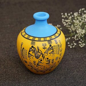 Freakway ‘Warli’ Yellow Hand-Painted Terracotta Pots Vases for Home Decor | Flower Vase, Terracotta Decorative Showpiece Earthenware | Miniature Pots Artifacts Living Room - 13.5 cm × 13.5 cm × 15 cm