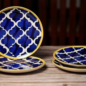 Freakway Hand-painted Stoneware Moroccan Premium Ceramic 7-inch Quarter/Small Plate Set of 4 Pcs | Bone Ash Free | Microwave and Dishwasher Safe - Blue