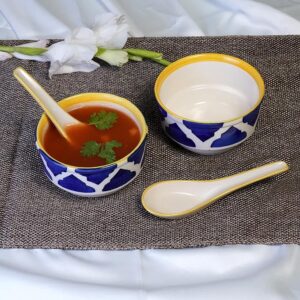 Freakway Handpainted Royal Soupy Umrao Pattern Ceramic Modern Soup Set Bowl with Spoon - (Set of 2, 350 ML, Dishwasher & Microwave Safe)