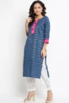 Blue Handloom Lotus Print Cotton kurta