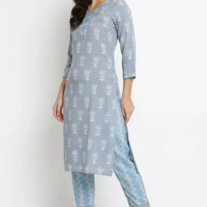 Blue Rayon Printed Kurta Set