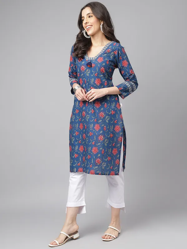 Blue Digital Printed Floral Cotton kurta