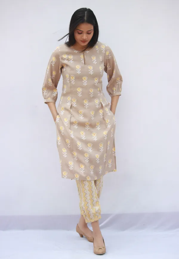 Brown Foil print Kurta Set